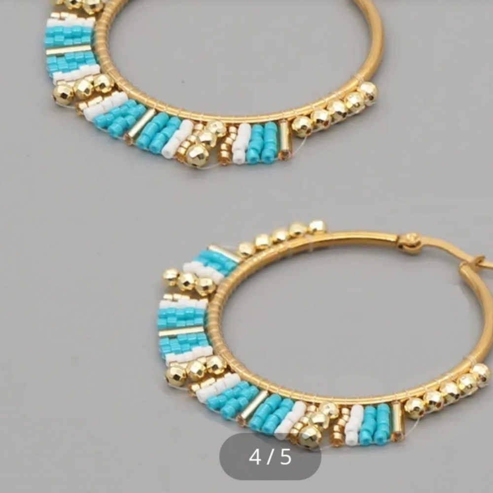Beaded Hoop Earrings Blue & White Miyuki Rice Beads - Picture 8 of 13